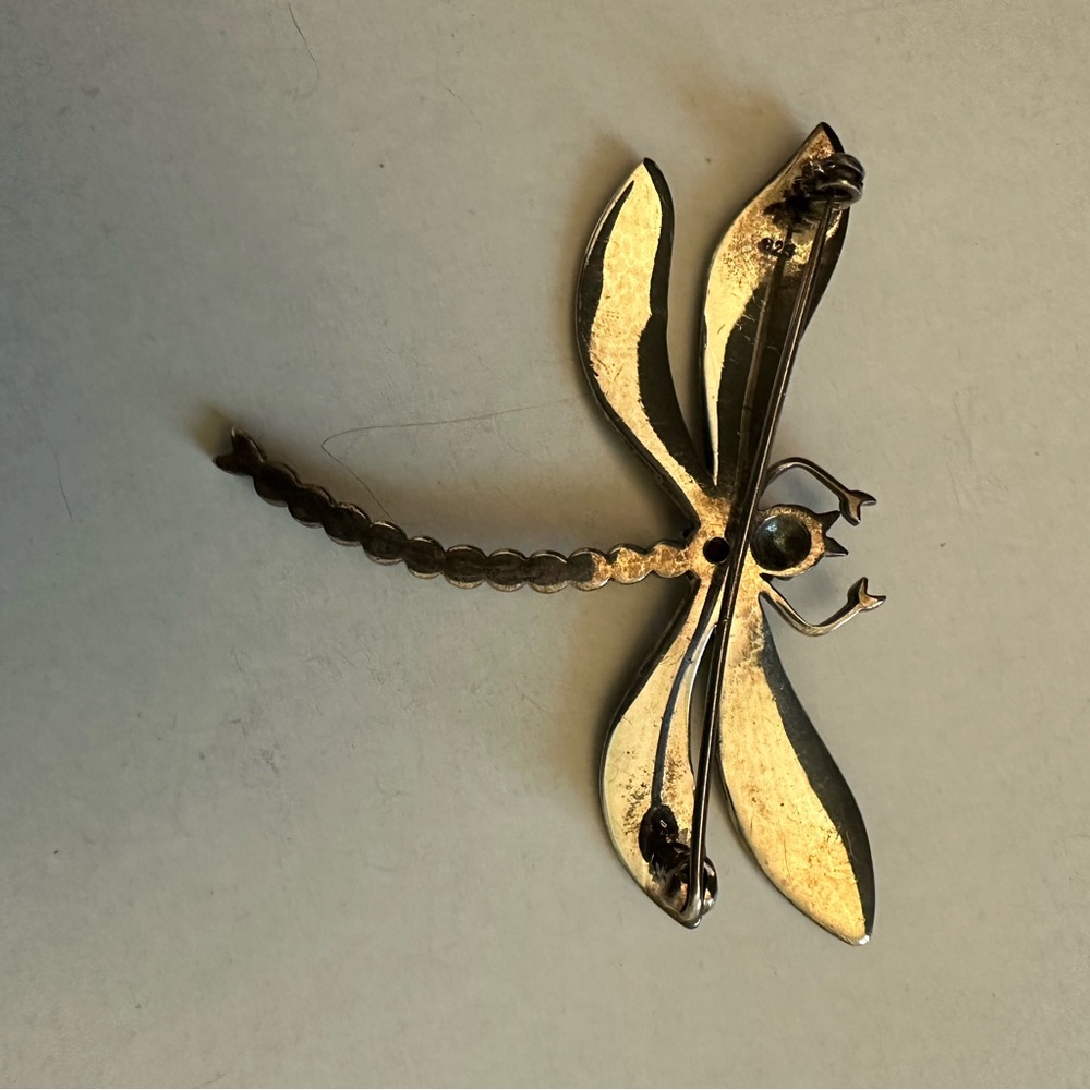 SOLD Vintage 925 Enameled Dragonfly Brooch Marcasites - Picture 5 of 6